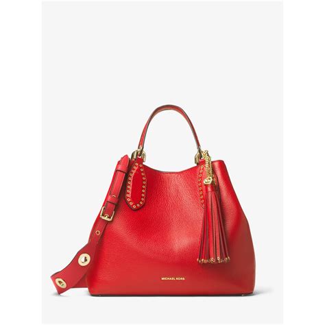 michael kors brooklyn large leather tote red|Michael Kors red shoulder bag.